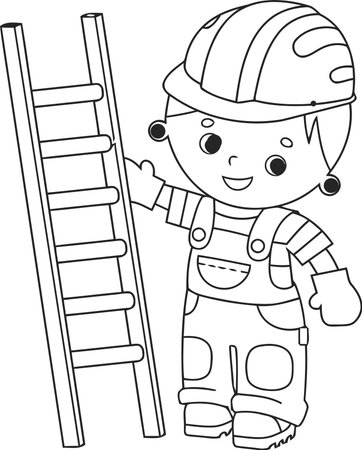 Outlined boy wearing a helmet and climbing a ladder, vector illustrationのイラスト素材