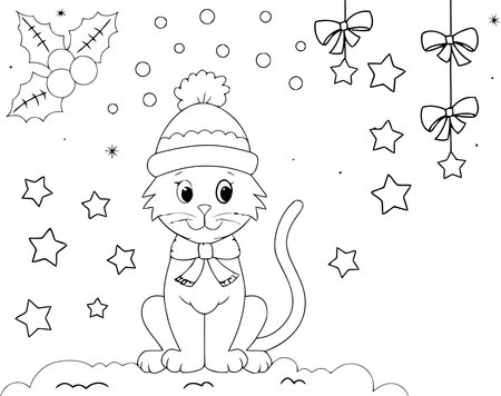 Coloring book for children: Christmas cat in a cap and scarfのイラスト素材