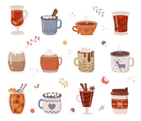 Vector collection of hot drinks. Hot chocolate, coffee, cocoa with whipped cream and marshmallow, mulled wine. Autumn and winter holidaysのイラスト素材