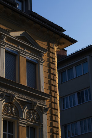 Old town Austrian building in the morning sunの写真素材