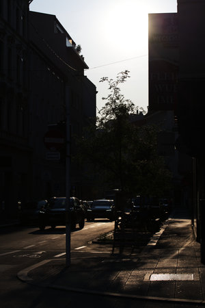 Busy city streets in the morning sunの写真素材