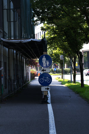 Wide shot of shields showing side walk and cycling pathの写真素材
