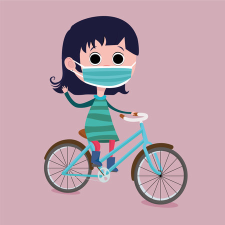 Little girl riding a bike at outdoor with medical protective mask. Activity for kid during the quarantine period. Vector illustrationのイラスト素材