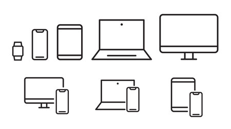 Set of devices web icons. Vector outline devices. Devices line icons set. Computer, laptop, mobile phone, smartphone. minimal vector illustrationsのイラスト素材