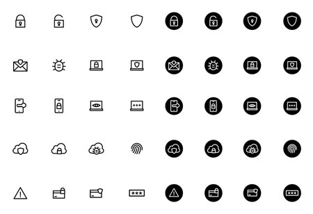 Set of security Icons. Cybersecurity line icons and round shape. Isolated signs on white background and over circle. Pack Vector pictogram set. UX infographics, web, apps or businessのイラスト素材