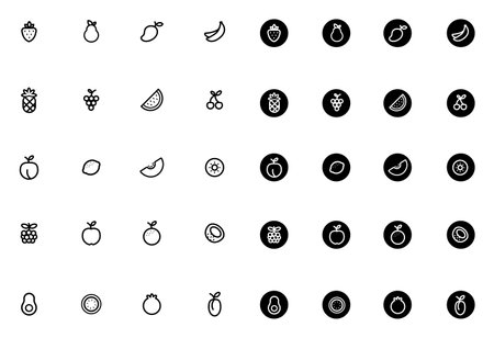 Set of fruits Icons. Isolated signs on white background and over circle. Pack Vector pictogram set. UX infographics, web, apps or business presentation. Sign and symbol collection.のイラスト素材