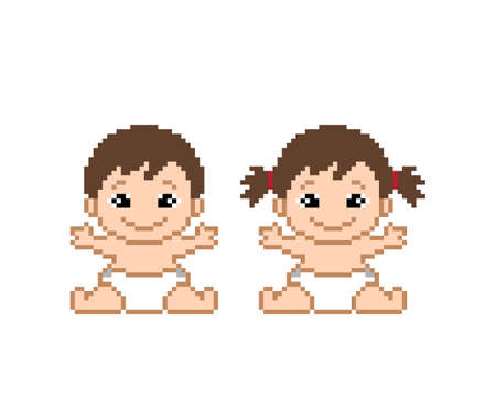 A cute pixel baby boy and girl is sitting. Vector illustration of cross stitch pattern.のイラスト素材