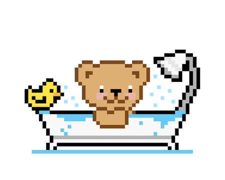 Pixel bear is taking a bath, with a toy duck. Vector illustration for 8 bit game and cross stitch pattern.のイラスト素材
