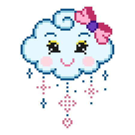 Pixel a cute cartoon face cloud with colorful rain drops. Vector Illustration of pixel art.のイラスト素材