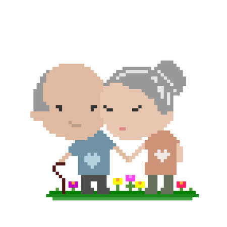 Grandpa and Grandma pixel image. Vector illustration of cross stitch pattern.のイラスト素材