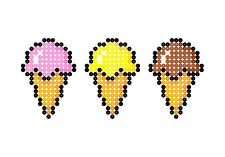 Image of pixel ice cream cone set. Vector illustration of a cross stitch pattern.のイラスト素材