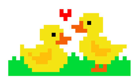 Duck pixel. A pair of duck patterns. Vector illustration of pixel art.のイラスト素材