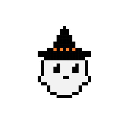 Ghost pixel wearing hat image. Pixel art vector illustration.のイラスト素材