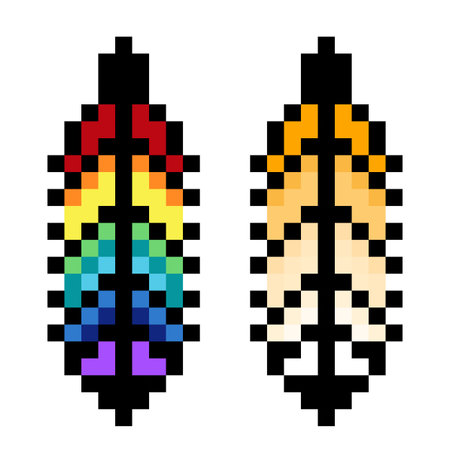 Pattern feather. Pixel rainbow feather image. Vector Illustration of pixel art
