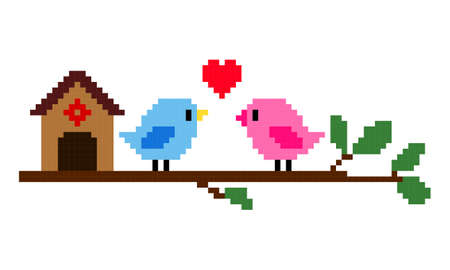 Pixel couple birds in love. Pattern two bird image, blue and pink. Vector Illustration of pixel art.のイラスト素材