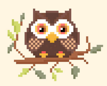 Owl pattern. Pixel owl image. Vector Illustration of pixel art.のイラスト素材
