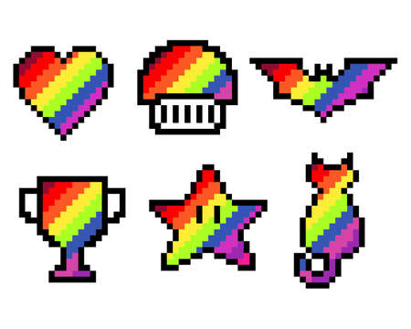 Pixel love, mushroom, bat, trophy, star cat isolated rainbow. Vector Illustration of pixel art.のイラスト素材