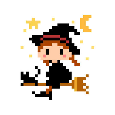 Image of pixel witch flying with a broom, and a black cat with her. vector illustration.のイラスト素材