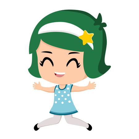 Cartoon a girl jumping. Vector illustration of a happy girl with short green hair. Happy kid...