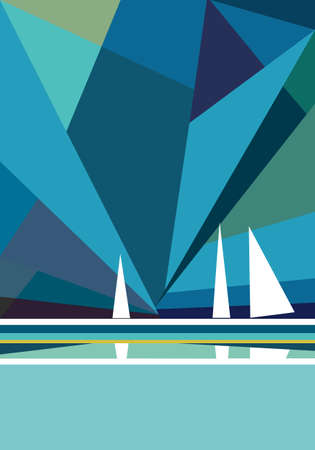 Abstract landscape view of sailboats on the beach. Vector illustration background for posters, banners, web, social media, cards, covers, ui.のイラスト素材
