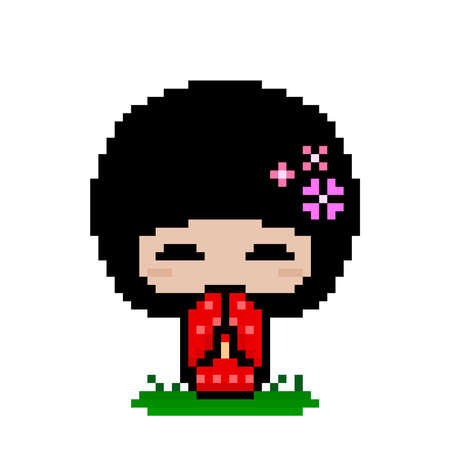Pixel image of anime girl dressed in kimono. Vector illustration of a cross stitch and 8 bit game pattern. kokeshi doll pixel.のイラスト素材