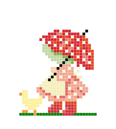pixel art girl carrying umbrella. Vector illustration of a cross stitch pattern.のイラスト素材