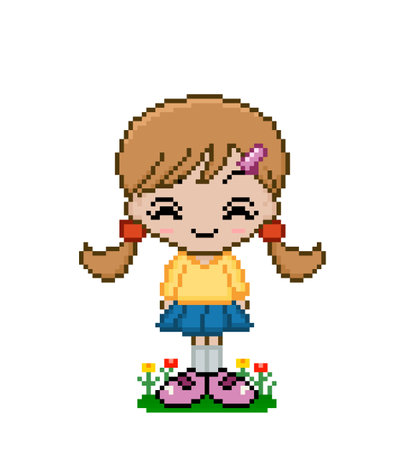 Pixel image of cute anime little girl. cross stitch pattern vector illustrationのイラスト素材