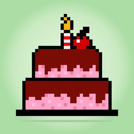 8 bit pixel birthday cake. food item for game assets in vector illustration.のイラスト素材