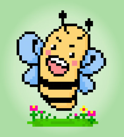 Pixel 8 bit bee. Animal character game assets in vector illustrations.のイラスト素材