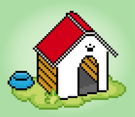 8 bit pixel house for dogs. barkitecture for game assets and cross stitches in vector illustrations.のイラスト素材