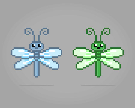 Pixel 8 bit dragonfly. Animal pixels for game assets in vector illustration.のイラスト素材