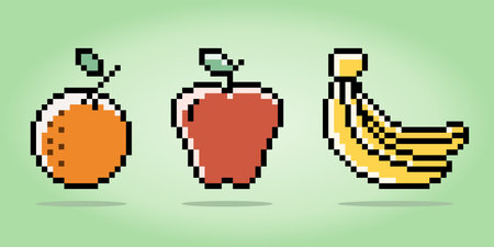 8 Bit Pixels Healthy food, orange fruits, apple fruits, and banana. Vegetarian foods icon for Retro games in vector illustrations.のイラスト素材