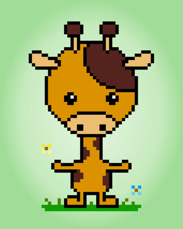 Pixel 8 bit giraffe. Animals for game assets and cross stitch pattern in vector illustration.のイラスト素材