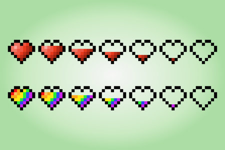 collection of heart in pixel art. for 8 bit games. Pixel health bar of heart.のイラスト素材