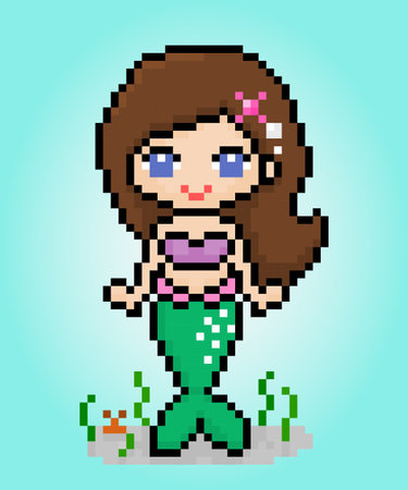 8 bit pixel a mermaid for game assets and cross stitch patterns in vector illustrations.のイラスト素材