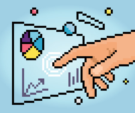 technology Modern in 8-bit pixel , virtual reality that is connected to the hand that touches the screen. Pixel icons for game assets and web icons in vector illustrations.のイラスト素材