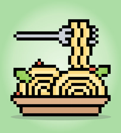 8 bit pixel noodles in a bowl, isolated fork. Food for game assets and cross stitches patterns in vector illustrations.のイラスト素材