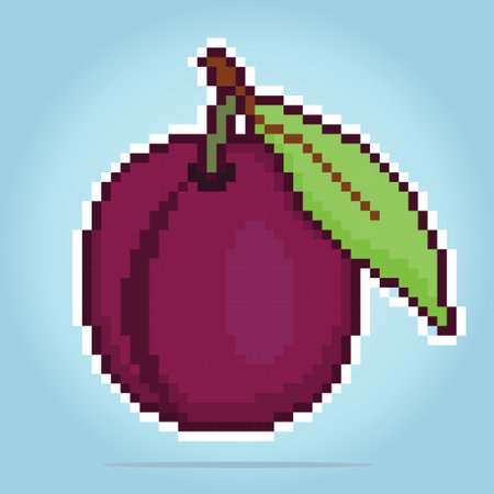 8 bit pixel plum. Pixel Fruits in Vector illustration for game assets or cross stitch pattern.のイラスト素材