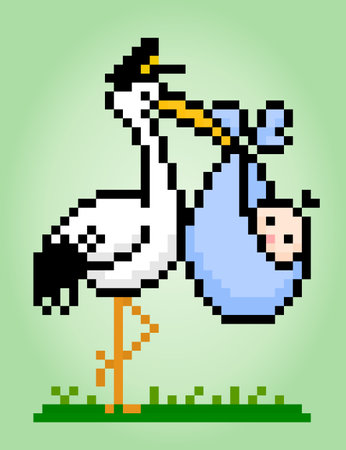 8 bit pixel of a stork carries baby with bags , Animal pixel for game assets and cross stitch patterns in vector illustrations.のイラスト素材
