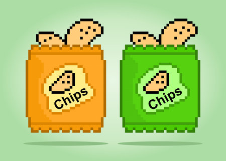 8 -bit pixel snacks. Packaging foods, chips potato for game assets in vector illustrations.のイラスト素材