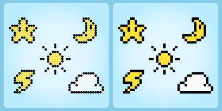 8-bit pixel, UI nature symbol icon. star, moon, sun, flash and cloud icon in vector illustrationsのイラスト素材