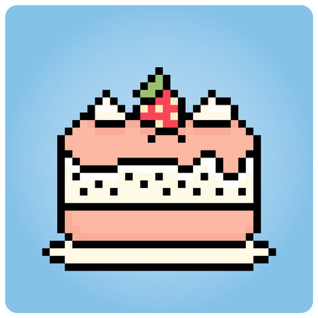 Birthday cake in 8 bit pixel art. food item for game assets in vector illustration.