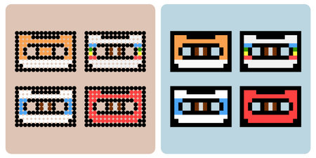 8-bit pixel, Music cassette pattern. pixel cassette in vector illustration, for cross stitch pattern and beads patternのイラスト素材