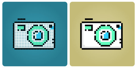 8 bit pixel digital camera. Vector illustration of camera for game assets and beads pattern.