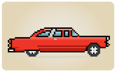 8 bit pixel classic cars. Vector illustration of vintage car cross stitch pattern.のイラスト素材