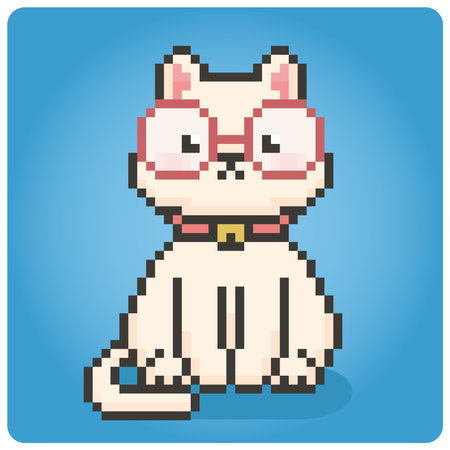 Pixel 8 bit, white cat wear glasses. Animals for game assets in vector illustration.のイラスト素材