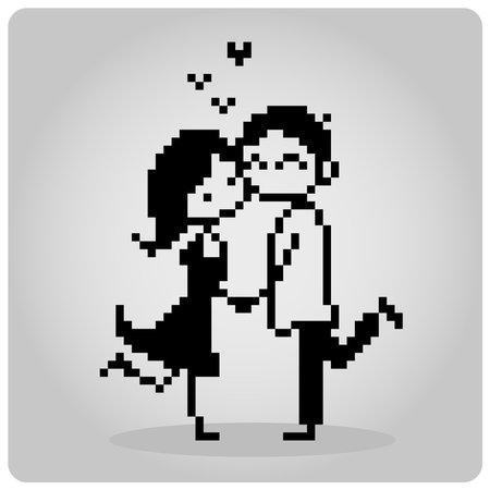 Male and female in love 8 bit pixels. People in pairs for cross stitch pattern in vector illustration.のイラスト素材