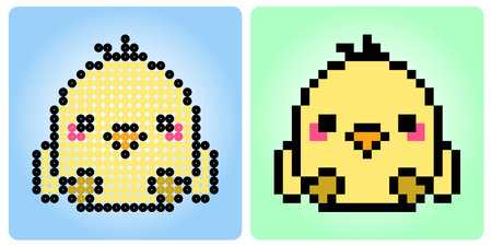 8-bit pixel the chicks. Animals Pixel in vector illustrations for cross stitches and beads pattern in vector illustrations.のイラスト素材