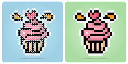Pixel 8 bit cupcake. Food dishes in vector illustrations.For game assets and beads patternのイラスト素材