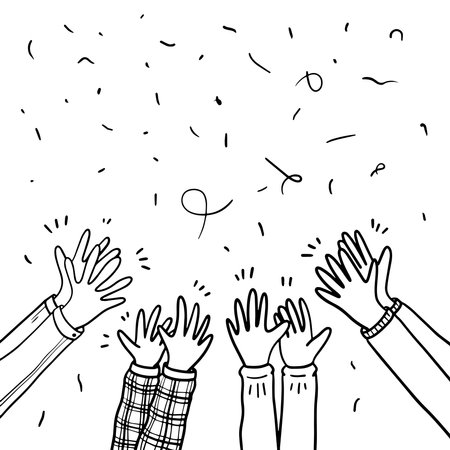 Doodle applause gestures of hands up or hands clapping. congratulation business theme in vectorのイラスト素材